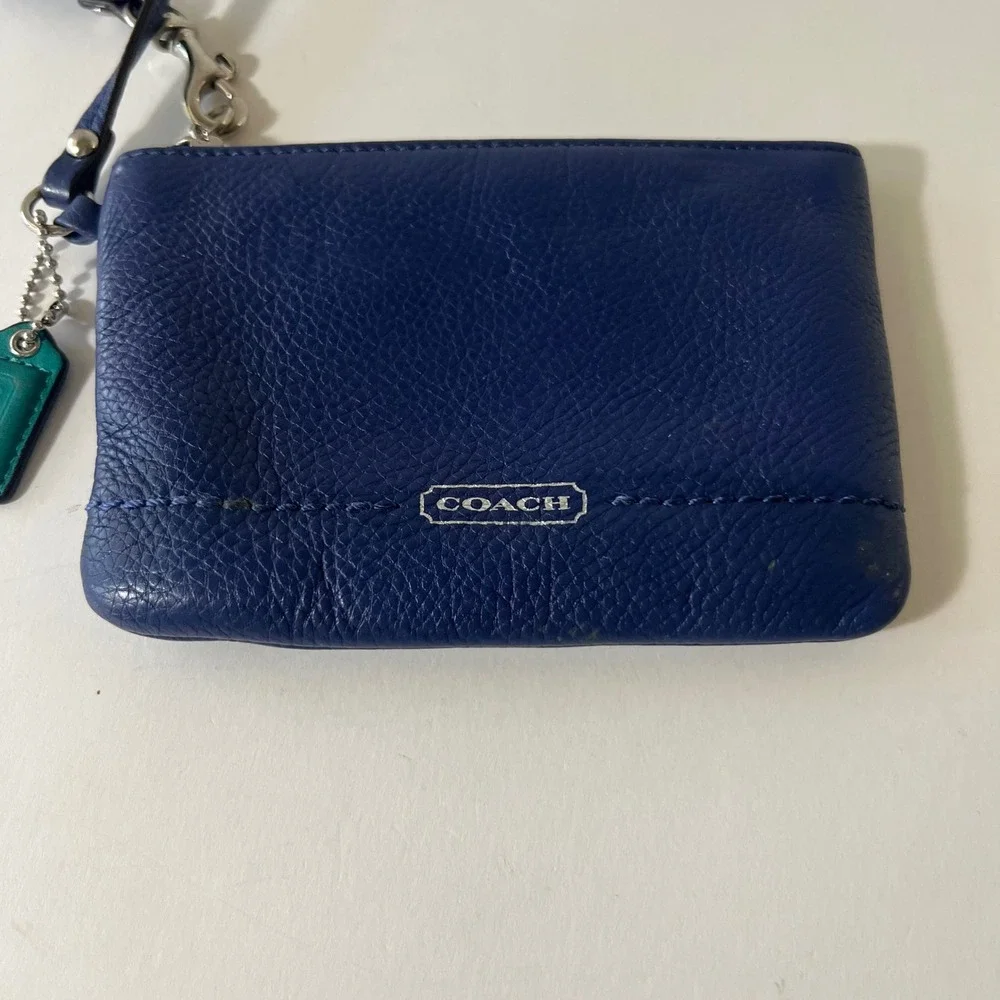 Coach Leather Wristlet Zipper & Bag Charm Blue‎ Green 4 x 5.5